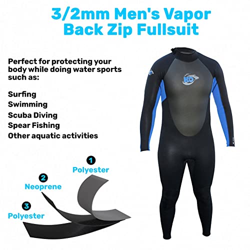 3/2mm Men's Vapor Back Zip Wetsuit for Men - Mens Long Sleeve Swimsuit for Surf Board and Deep Sea Diving