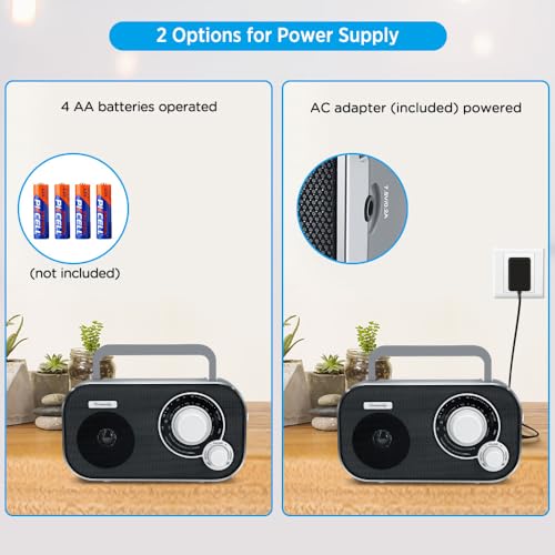 DreamSky AM FM Portable Radio Plug In Wall or Battery Operated for Home & Outdoor, Strong Reception & Sound, Large Dial Easy to Use, Transistor Antenna, Headphone Jack, Small Gifts for Seniors Elderly