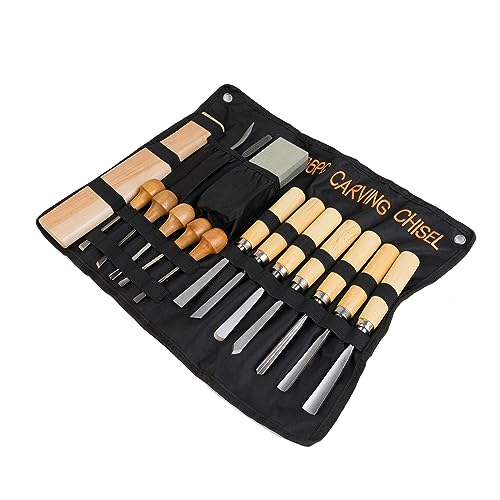 Fving 16 Pcs Carving Tools Set, Wood Chisels with Canvas Case,Gouges and Woodworking Chisel with Sharpening Stone Wooden Blocks for Beginners Professionals Wood Carving Kit