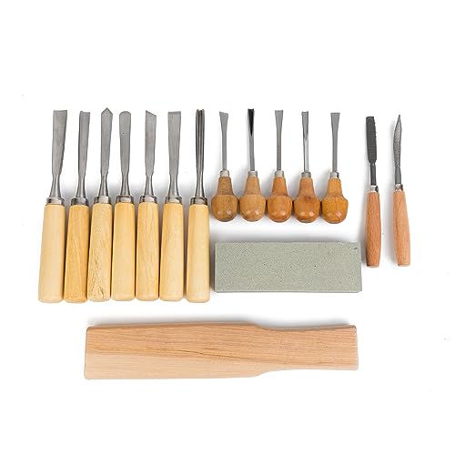 Fving 16 Pcs Carving Tools Set, Wood Chisels with Canvas Case,Gouges and Woodworking Chisel with Sharpening Stone Wooden Blocks for Beginners Professionals Wood Carving Kit