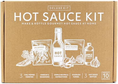 Deluxe Hot Sauce Making Kit, 3 Varieties of Chili Peppers, Gourmet Spice Blend, 3 Bottles, 16 Fun Labels, Make your own sauce, Fun DIY Gift For Dad, Brother, Uncle. (Deluxe Kit)