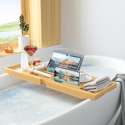 Sen Yi Bao Luxury Bathtub Caddy Tray，Bamboo Bathtub Tray Caddy - Wood Bath Tray Expandable，Can be Placed Book and Integrated Tablet Smartphone and Wine Holder - Gift Idea for Loved Ones