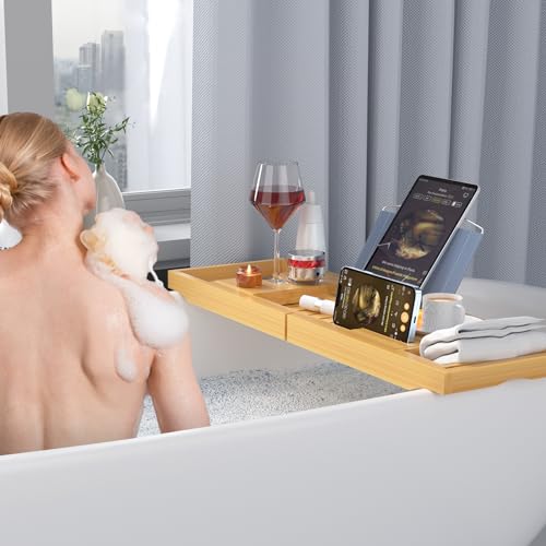 Sen Yi Bao Luxury Bathtub Caddy Tray，Bamboo Bathtub Tray Caddy - Wood Bath Tray Expandable，Can be Placed Book and Integrated Tablet Smartphone and Wine Holder - Gift Idea for Loved Ones