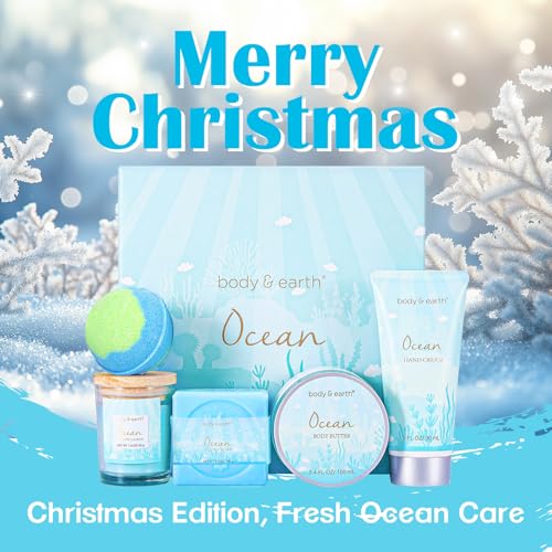 Gifts for Women, Bath and Body Gift Sets for Women with 5 Pcs Ocean Scented Spa Gifts for Women, Bath Gifts for Women with Scented Candle, Body Butter, Hand Cream, Bath Bomb, Christmas Gifts for Women