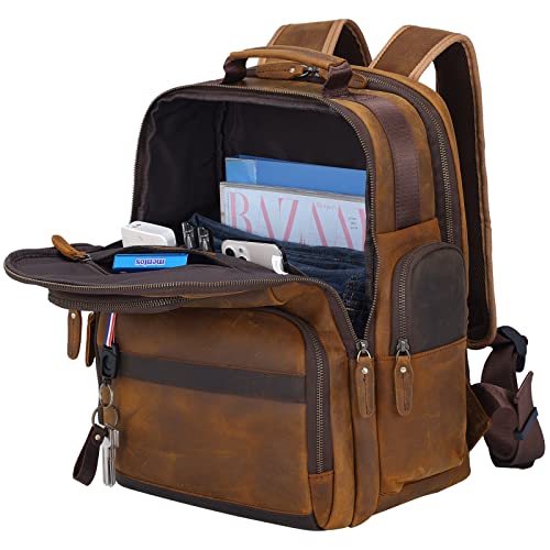 TIDING Men's Vintage Leather Backpack 15.6" Laptop Bag Large Capacity Business Travel Hiking Shoulder Daypacks