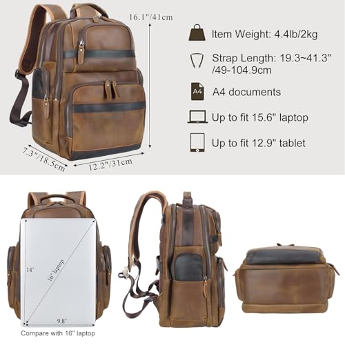 TIDING Men's Vintage Leather Backpack 15.6" Laptop Bag Large Capacity Business Travel Hiking Shoulder Daypacks