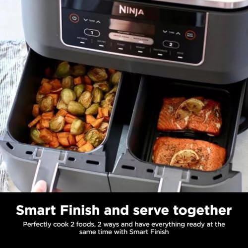 Ninja DZ201 Foodi 8 Quart 6-in-1 DualZone 2-Basket Air Fryer with 2 Independent Frying Baskets, Match Cook & Smart Finish to Roast, Broil, Dehydrate & More for Quick, Easy Meals, Grey