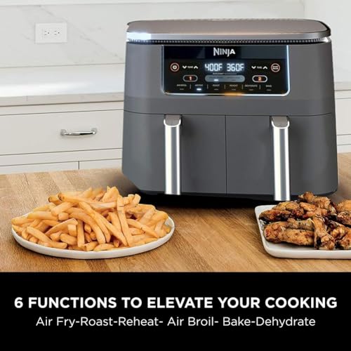 Ninja DZ201 Foodi 8 Quart 6-in-1 DualZone 2-Basket Air Fryer with 2 Independent Frying Baskets, Match Cook & Smart Finish to Roast, Broil, Dehydrate & More for Quick, Easy Meals, Grey