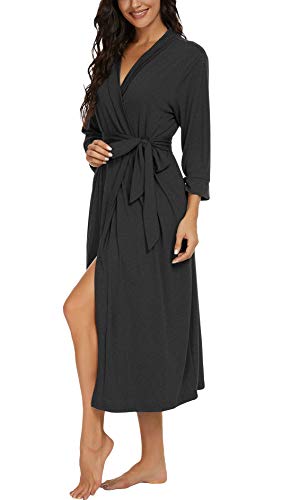 VINTATRE Women Kimono Robes Long Knit Bathrobe Lightweight Soft Knit Sleepwear V-neck Casual Ladies Loungewear Dark Gray-Large