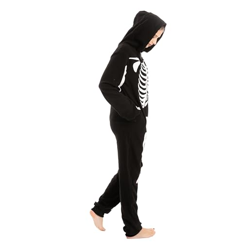 Spooktacular Creations Skeleton Costume, Unisex Adult Skeleton Pajamas, Plush Skeleton Hoodie Zippered Skeleton Jumpsuit, One Piece Halloween Costume Sleepwear for Cosplay Themed Parties (Large)