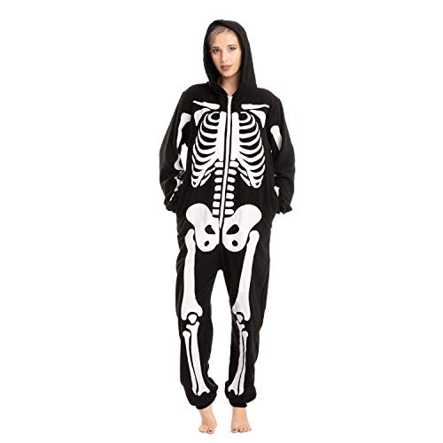 Spooktacular Creations Skeleton Costume, Unisex Adult Skeleton Pajamas, Plush Skeleton Hoodie Zippered Skeleton Jumpsuit, One Piece Halloween Costume Sleepwear for Cosplay Themed Parties (Large)