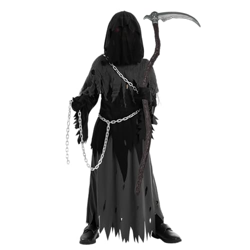 Spooktacular Creations Glowing Eyes Grim Reaper Costume for Kids, Halloween Costume for Boys, Phantom Costume-M(8-10yr)