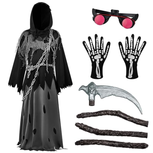 Spooktacular Creations Glowing Eyes Grim Reaper Costume for Kids, Halloween Costume for Boys, Phantom Costume-M(8-10yr)