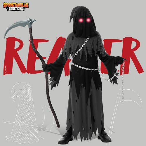 Spooktacular Creations Glowing Eyes Grim Reaper Costume for Kids, Halloween Costume for Boys, Phantom Costume-M(8-10yr)