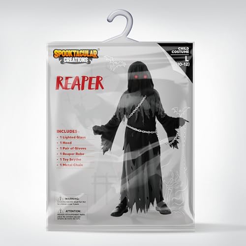 Spooktacular Creations Glowing Eyes Grim Reaper Costume for Kids, Halloween Costume for Boys, Phantom Costume-M(8-10yr)