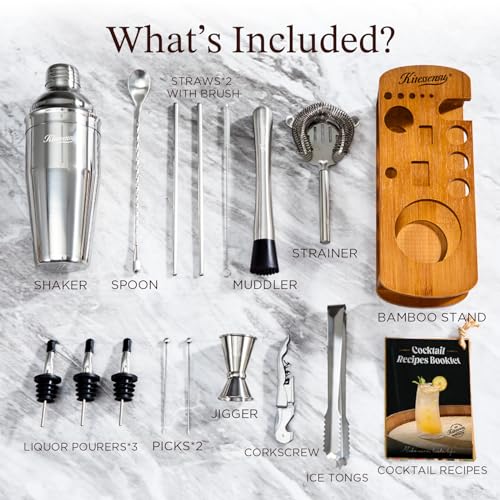 KITESSENSU Cocktail Shaker Set Bartender Kit with Stand | Bar Set Drink Mixer Set with All Essential Accessory Tools: Martini Shaker, Jigger, Strainer, Mixer Spoon, Muddler, Liquor Pourers |Silver