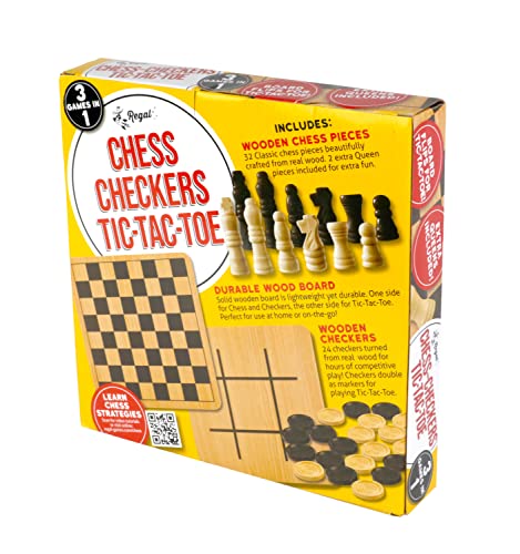 Regal Games - Reversible Wooden Board for Chess, Checkers & Tic-Tac-Toe - 24 Interlocking Wooden Checkers and 32 Standard Chess Pieces - for Age 8 to Adult for Family Fun