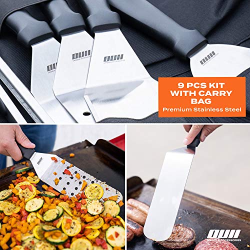 Flat Top Griddle Accessories for Blackstone and Camp Chef Griddle - 9 Pieces Set with Griddle Cleaning Kit and Carry Bag! Metal Spatula, Scraper for Hibachi and Teppanyaki Grill