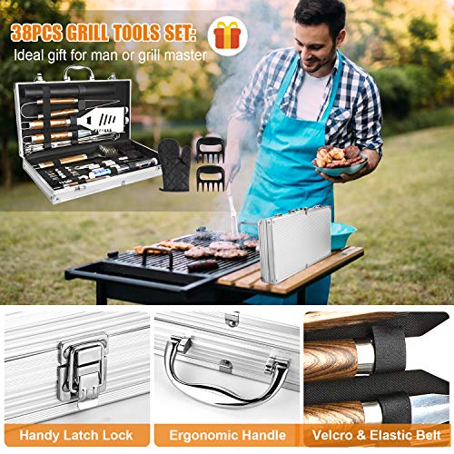 BBQ Grill Utensils Set for Camping/Backyard, 38Pcs Stainless Steel Grill Tools Grilling Accessories with Barbecue Mats, Aluminum Case, Thermometer for Men Women