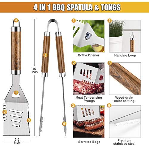 BBQ Grill Utensils Set for Camping/Backyard, 38Pcs Stainless Steel Grill Tools Grilling Accessories with Barbecue Mats, Aluminum Case, Thermometer for Men Women