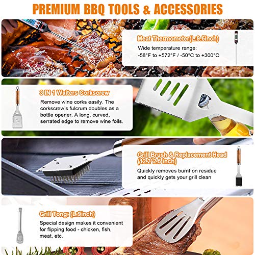 BBQ Grill Utensils Set for Camping/Backyard, 38Pcs Stainless Steel Grill Tools Grilling Accessories with Barbecue Mats, Aluminum Case, Thermometer for Men Women