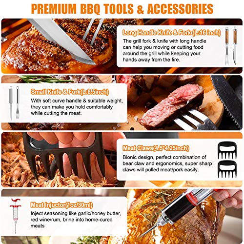 BBQ Grill Utensils Set for Camping/Backyard, 38Pcs Stainless Steel Grill Tools Grilling Accessories with Barbecue Mats, Aluminum Case, Thermometer for Men Women