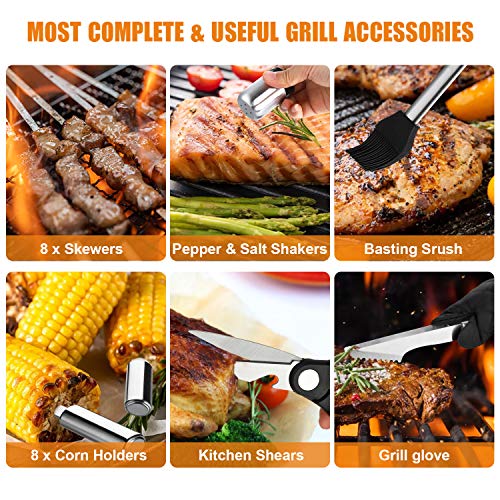 BBQ Grill Utensils Set for Camping/Backyard, 38Pcs Stainless Steel Grill Tools Grilling Accessories with Barbecue Mats, Aluminum Case, Thermometer for Men Women