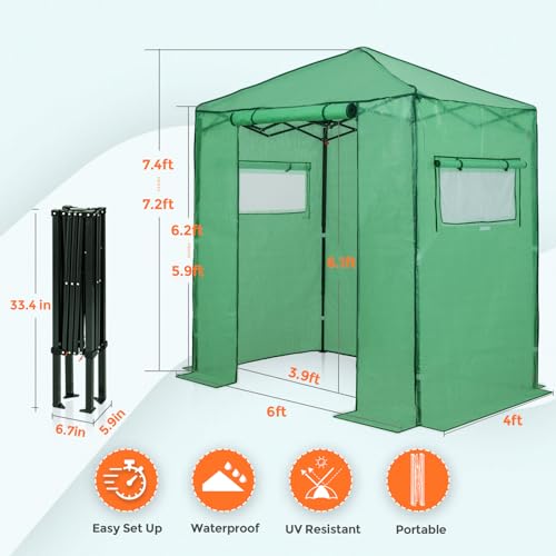 EAGLE PEAK 6x4 Portable Walk-in Greenhouse, Pop-up Indoor Outdoor Garden Green House, Zippered Door and Windows, PE Cover, Green