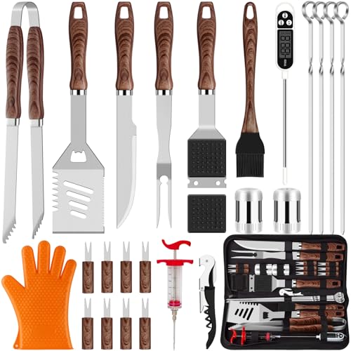 ROMANTICIST 26pcs Grilling Accessories Kit for Men Women, Stainless Steel Heavy Duty BBQ Tools with Glove and Corkscrew, Grill Utensils Set in Portable Canvas Bag for Outdoor,Camping,Backyard,Brown