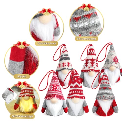 Baodlon Gnome Christmas Ornaments with Led Light, Handmade Swedish Tomte Xmas Gnomes Plush Doll, Scandinavian Santa Elf Table Ornaments, Lighting Hanging Christmas Tree Decorations Home Decor (6 Pack)