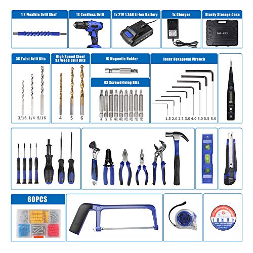 jar-owl 21V Tool Set with Drill, 350 in-lb Torque, 0-1350RMP Variable Speed, 10MM 3/8'' Keyless Chuck, 18+1 Clutch, 1.5Ah Li-Ion Battery & Charger for Home Tool Kit