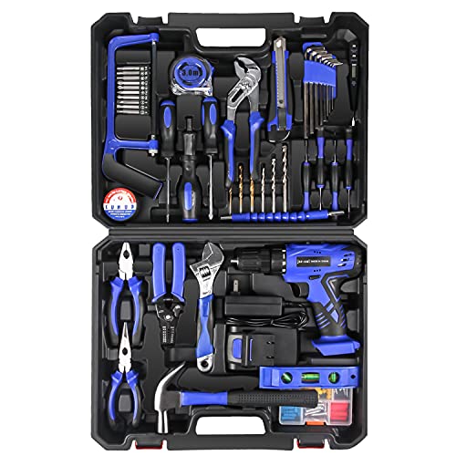 jar-owl 21V Tool Set with Drill, 350 in-lb Torque, 0-1350RMP Variable Speed, 10MM 3/8'' Keyless Chuck, 18+1 Clutch, 1.5Ah Li-Ion Battery & Charger for Home Tool Kit