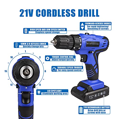 jar-owl 21V Tool Set with Drill, 350 in-lb Torque, 0-1350RMP Variable Speed, 10MM 3/8'' Keyless Chuck, 18+1 Clutch, 1.5Ah Li-Ion Battery & Charger for Home Tool Kit