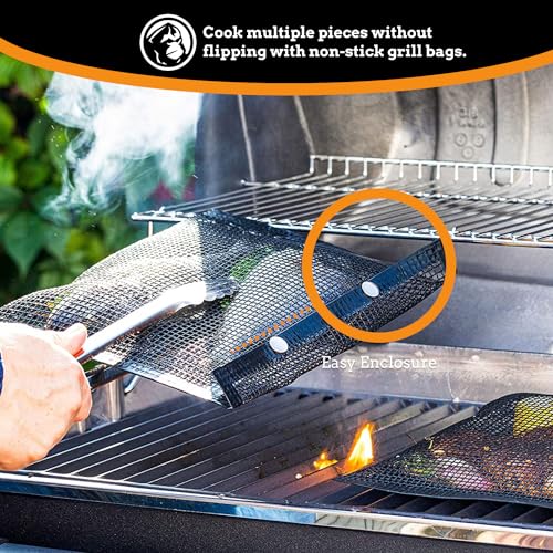 Mountain Grillers Set of 2 BBQ Mesh Grill Bags -(12.83 x 11.73-Inch) Reusable Grilling Pouches for Barbeque, Fish -Suitable for Charcoal, Electric Grills -Heat-Resistant & Non-Stick Bag for BBQ Lover