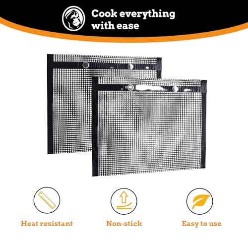 Mountain Grillers Set of 2 BBQ Mesh Grill Bags -(12.83 x 11.73-Inch) Reusable Grilling Pouches for Barbeque, Fish -Suitable for Charcoal, Electric Grills -Heat-Resistant & Non-Stick Bag for BBQ Lover