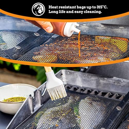 Mountain Grillers Set of 2 BBQ Mesh Grill Bags -(12.83 x 11.73-Inch) Reusable Grilling Pouches for Barbeque, Fish -Suitable for Charcoal, Electric Grills -Heat-Resistant & Non-Stick Bag for BBQ Lover