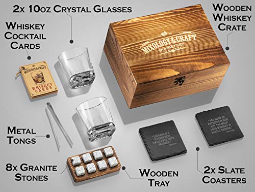 Mixology Whiskey Stones Gift Set for Men - Pack of 2, 10 oz Whiskey Glasses w/ 8 Granite Chilling Rocks, 2 Coasters, Metal Tong & Cocktail Cards in Wooden Box - Square