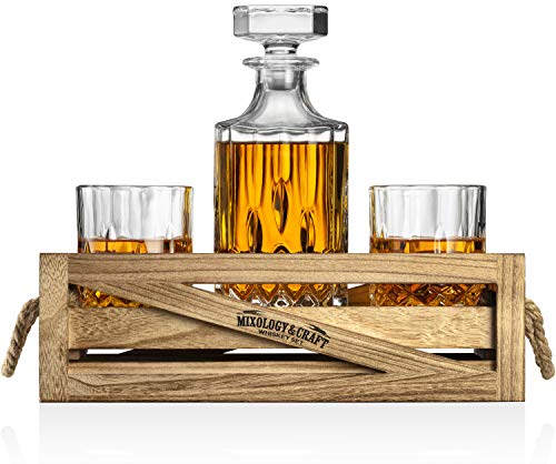 Whiskey Stones Gift Set for Men | Whiskey Decanter with Glasses Set and Wood Stand, 6 Granite Whiskey Chilling Stones and 10oz Whiskey Glasses | Whiskey Decanter Set for Men, Dad, Husband, Boyfriend