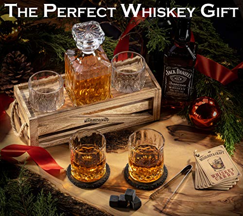 Whiskey Stones Gift Set for Men | Whiskey Decanter with Glasses Set and Wood Stand, 6 Granite Whiskey Chilling Stones and 10oz Whiskey Glasses | Whiskey Decanter Set for Men, Dad, Husband, Boyfriend