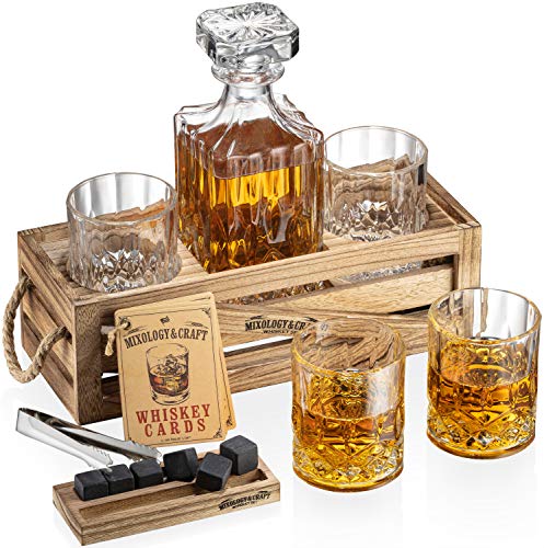 Whiskey Stones Gift Set for Men | Whiskey Decanter with Glasses Set and Wood Stand, 6 Granite Whiskey Chilling Stones and 10oz Whiskey Glasses | Whiskey Decanter Set for Men, Dad, Husband, Boyfriend