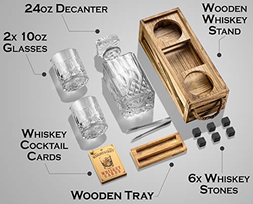 Whiskey Stones Gift Set for Men | Whiskey Decanter with Glasses Set and Wood Stand, 6 Granite Whiskey Chilling Stones and 10oz Whiskey Glasses | Whiskey Decanter Set for Men, Dad, Husband, Boyfriend