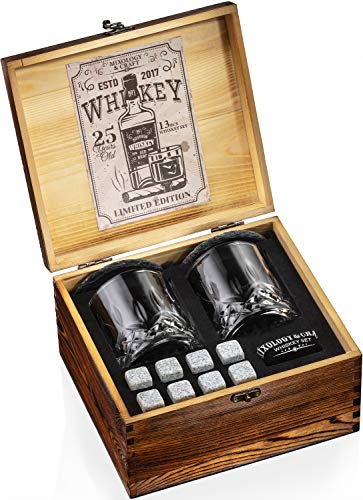 Mixology & Craft Whiskey Stones Gift Set for Men | Pack of 2, 10 oz Whiskey Glasses w/ 8 Granite Chilling Rocks, 2 Slate Coasters, Cocktail Cards in a Rustic Wooden Crate | Whiskey Essentials