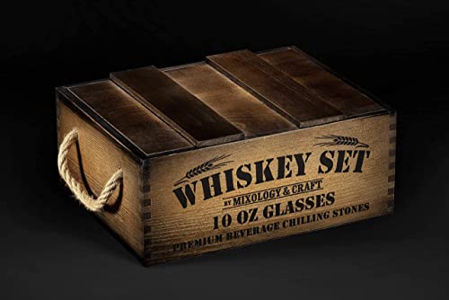 Mixology Whiskey Gift Set, Whiskey Glass Set with Rustic Wooden Crate, 8 Granite Whiskey Rocks Chilling Stones, 10oz Whiskey Glasses, Gift for Men, Dad, Husband, Boyfriend - Jameson Dark Brown