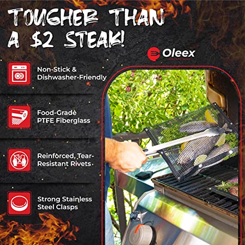 Oleex Non-Stick Large BBQ Grilling Bags + Basting Brush - Reusable PTFE Mesh Indoor Outdoor Charcoal Barbecue Grill Bag Accessories, Heat-Resistant Up to 500 F, Easy to Clean, Dishwasher-Safe