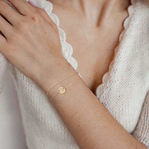 MONOZO Gold Initial Bracelets for Women, Dainty 14K Gold Filled Layered Beaded Letter Initial Bracelet Personalized 26 Alphabet Disc Monogram Charm Bracelet Jewelry Gifts for Girls