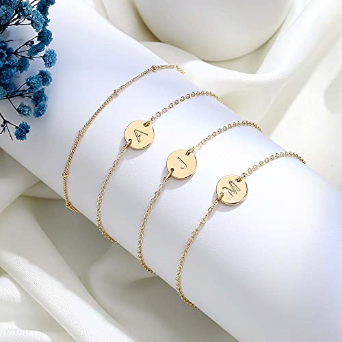 MONOZO Gold Initial Bracelets for Women, Dainty 14K Gold Filled Layered Beaded Letter Initial Bracelet Personalized 26 Alphabet Disc Monogram Charm Bracelet Jewelry Gifts for Girls