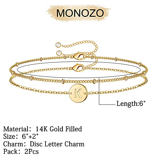 MONOZO Gold Initial Bracelets for Women, Dainty 14K Gold Filled Layered Beaded Letter Initial Bracelet Personalized 26 Alphabet Disc Monogram Charm Bracelet Jewelry Gifts for Girls