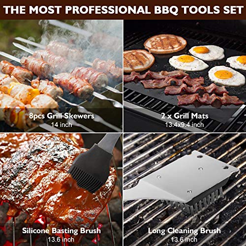 Grill Set BBQ Tools Grilling Tools Set Gifts for Men, 34PCS Stainless Steel Grill Accessories with Aluminum Case,Thermometer, Grill Mats for Camping/Backyard Barbecue,Grill Utensils Set for Dad