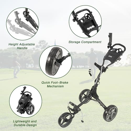 KVV 3 Wheel Golf Push Cart Ultra Lightweight Smallest Folding Size, New-Version Scorecard Holder