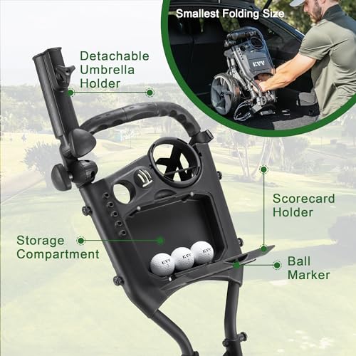 KVV 3 Wheel Golf Push Cart Ultra Lightweight Smallest Folding Size, New-Version Scorecard Holder